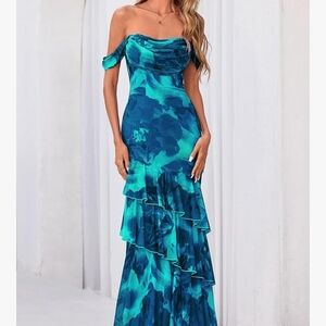 Teal Blue Off-Shoulder Ruffle Maxi Dress